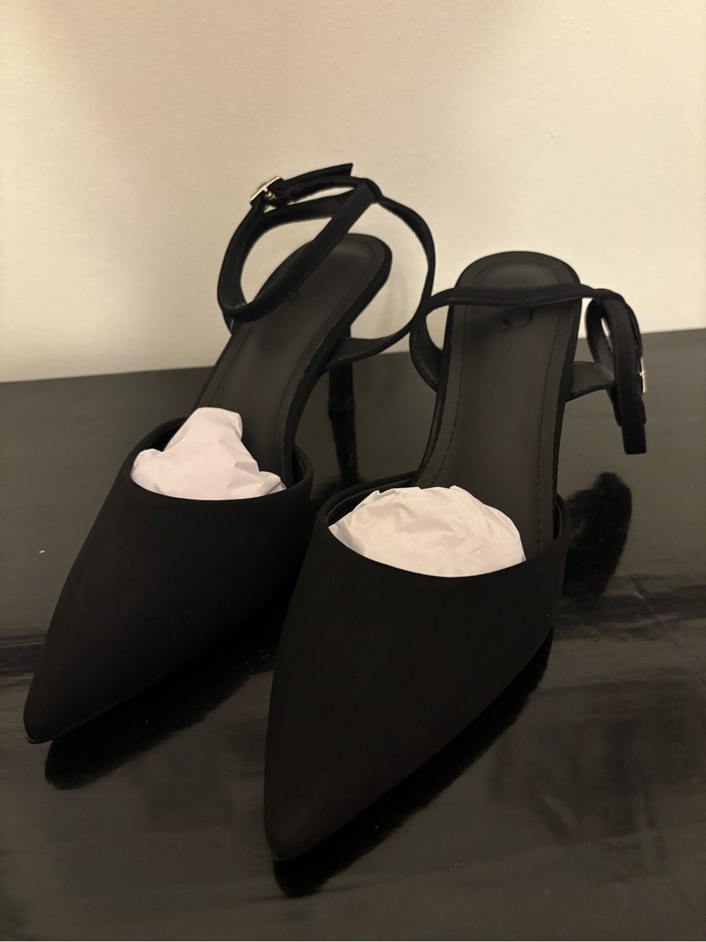 Black Pointed Toe Ankle-Strap Heels